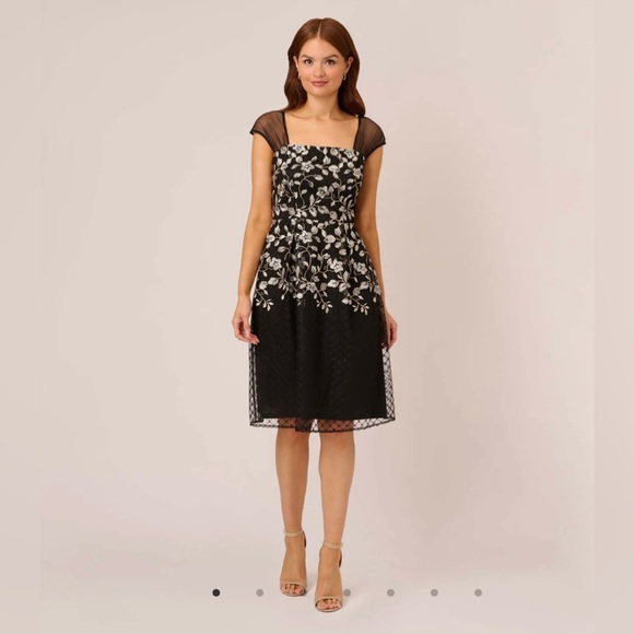 Adrianna Papell Dresses & Skirts - Adrianna Papell FLORAL EMBROIDERED MIDI DRESS WITH SHEER CAP SLEEVES
